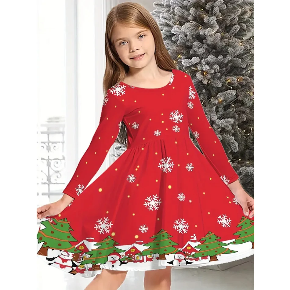 2025 Christmas Dress Kids Long Sleeve Full Printing Casual Elk Xmas Baby Girls Clothes Santa Claus New Year Party Outfit