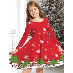 2025 Christmas Dress Kids Long Sleeve Full Printing Casual Elk Xmas Baby Girls Clothes Santa Claus New Year Party Outfit