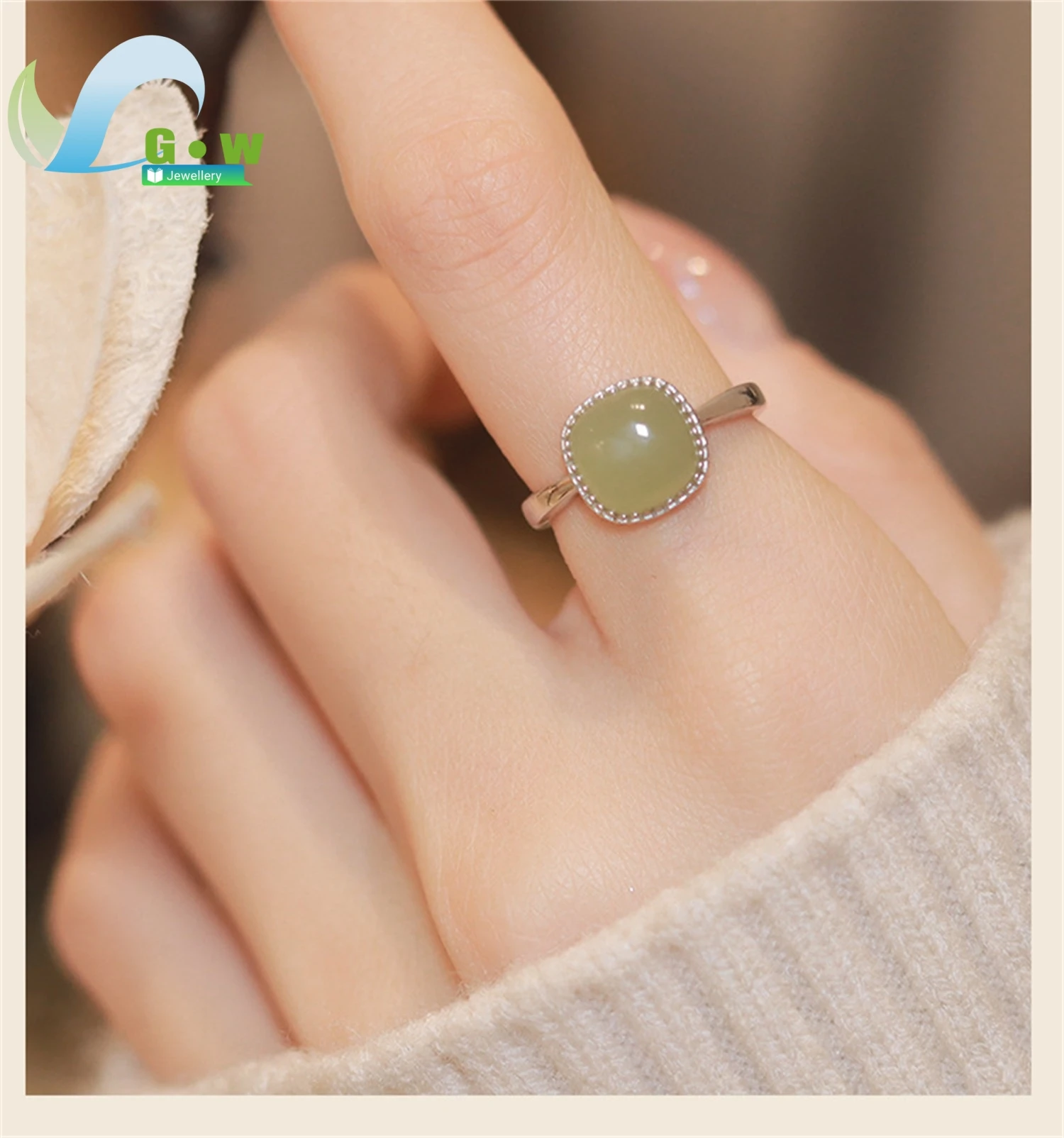 

Женское кольцо квадратной формы, новое стерлингового серебра 925 пробы и белым нефритом Хэтянь, уникальные нишевые модные украшения для нее