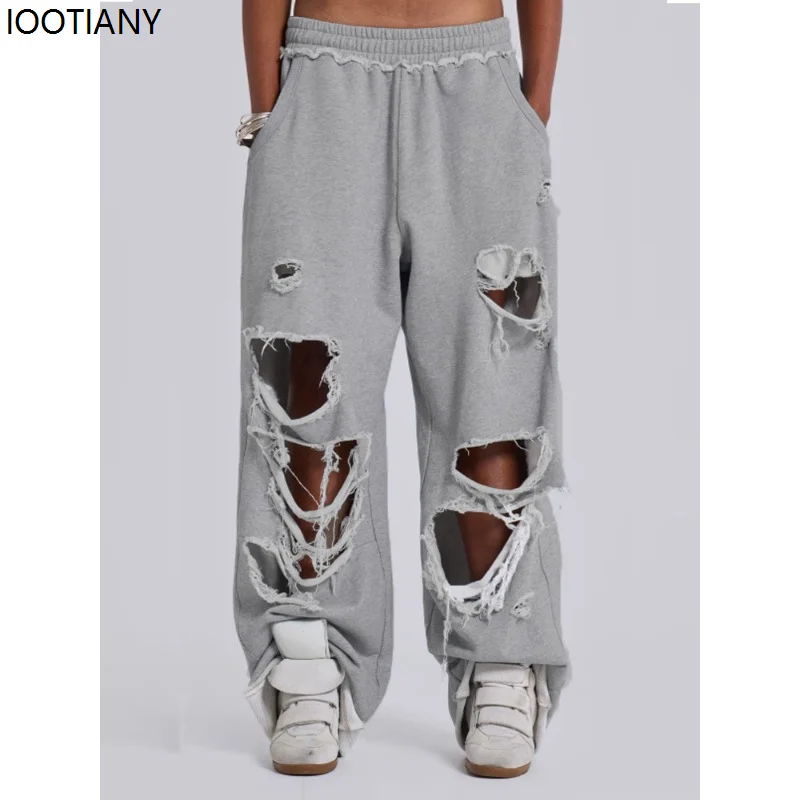 Y2k Grey Ripped Women's Jogging Wide Leg Pants American Retro Hip-hop Drape Thin Sports Pants Solid Color Loose Casual Summer