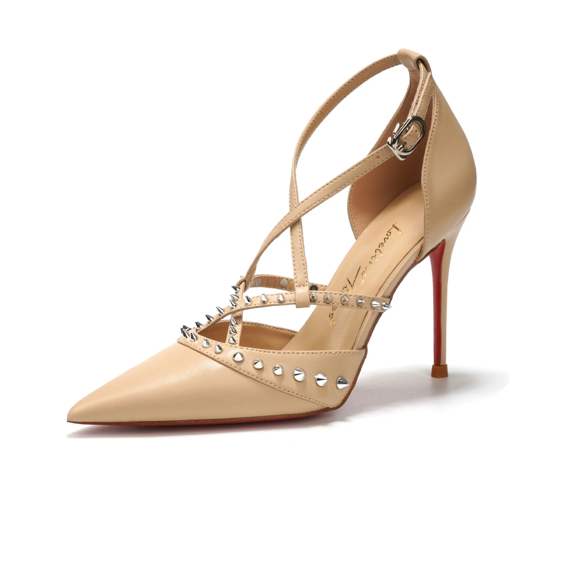 

2025-2 new pointed cross rivet decorative ankle strap buckle back bag hollow microfiber leather high heel single shoes women