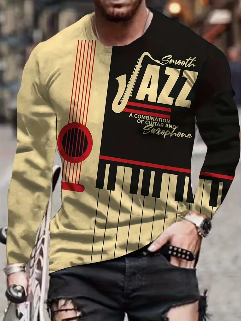 Musical Instrument T-Shirts for Men Guitar Piano 3D Print Long Sleeve Tee Harajuku Y2k Tee Streetwear Oversize Tops Men Clothing