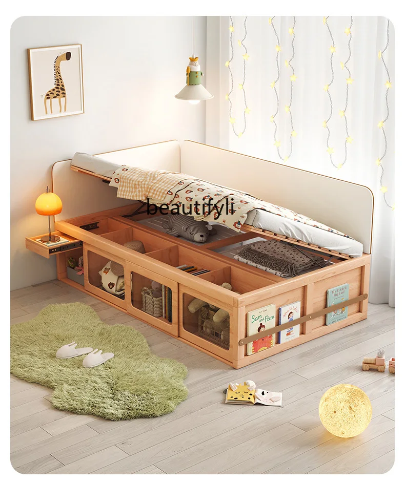 High Box Storage Bed Solid Wood Tatami Storage Bed Belt Fence Beech Home Bedroom