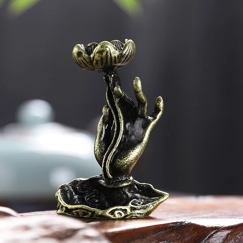 Vintage Brass Buddha Hand Incense Burner Zen Ornament Metal Lotus Backflow Waterfall Stick Holder Aromatherapy Censer Home Decor