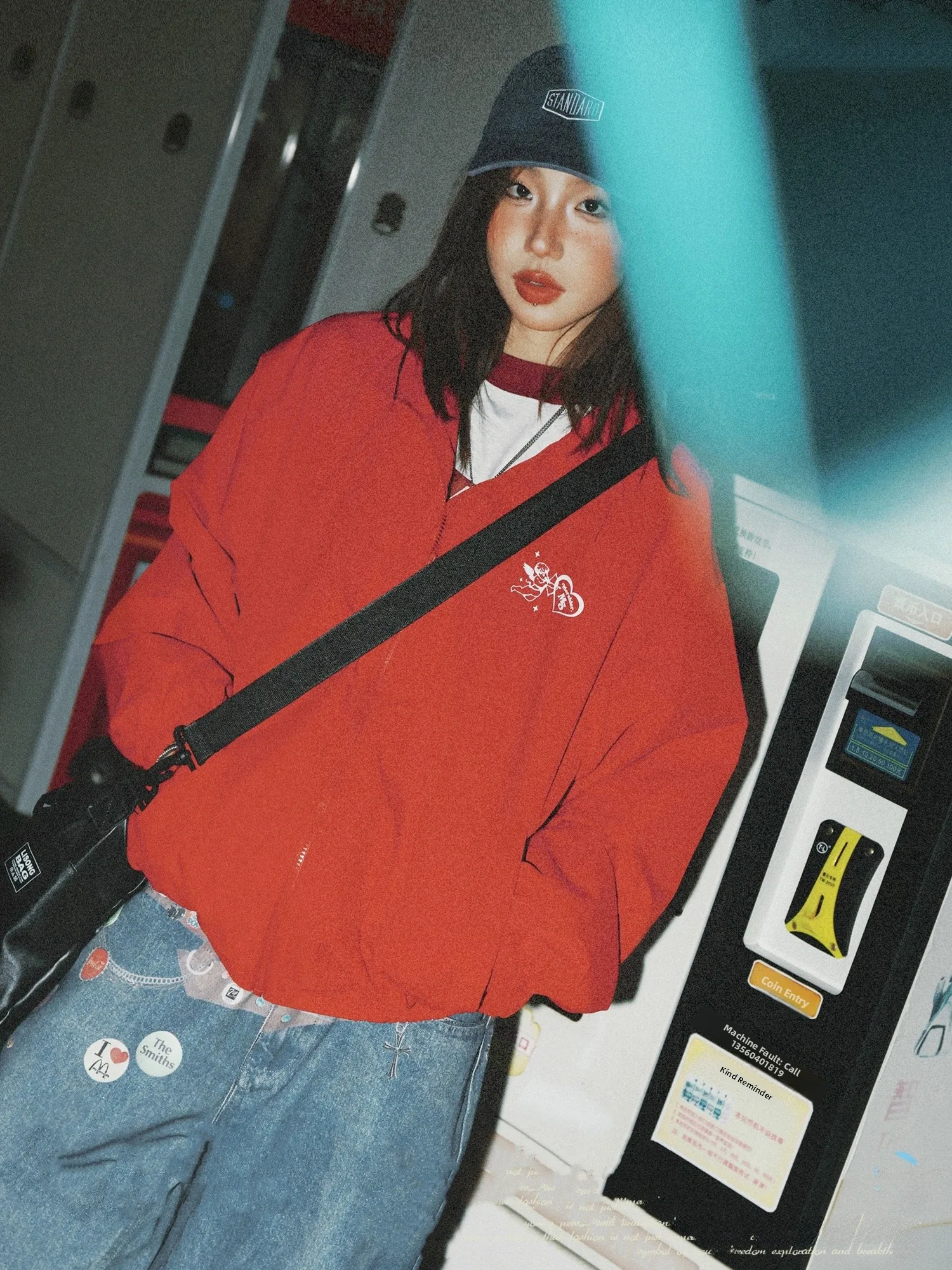 Retro americano carta impressão vermelho workwear jaet ex primavera outono casual solto versátil ins jaet na moda fechamento com zíper