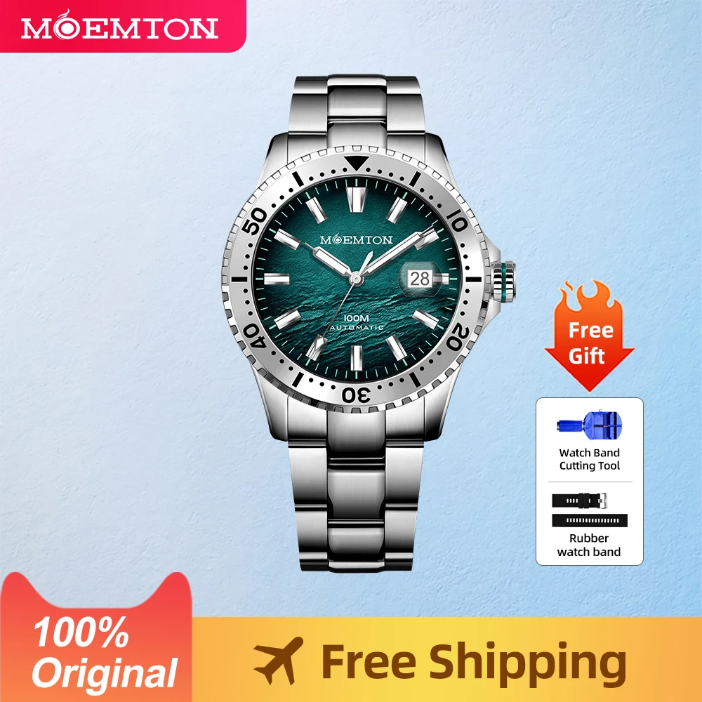 MOEMTON Original Men\'s mechanical watch Sapphire glass luxury  watch 10bar 100M waterproof sports diving watch   Stainless steel