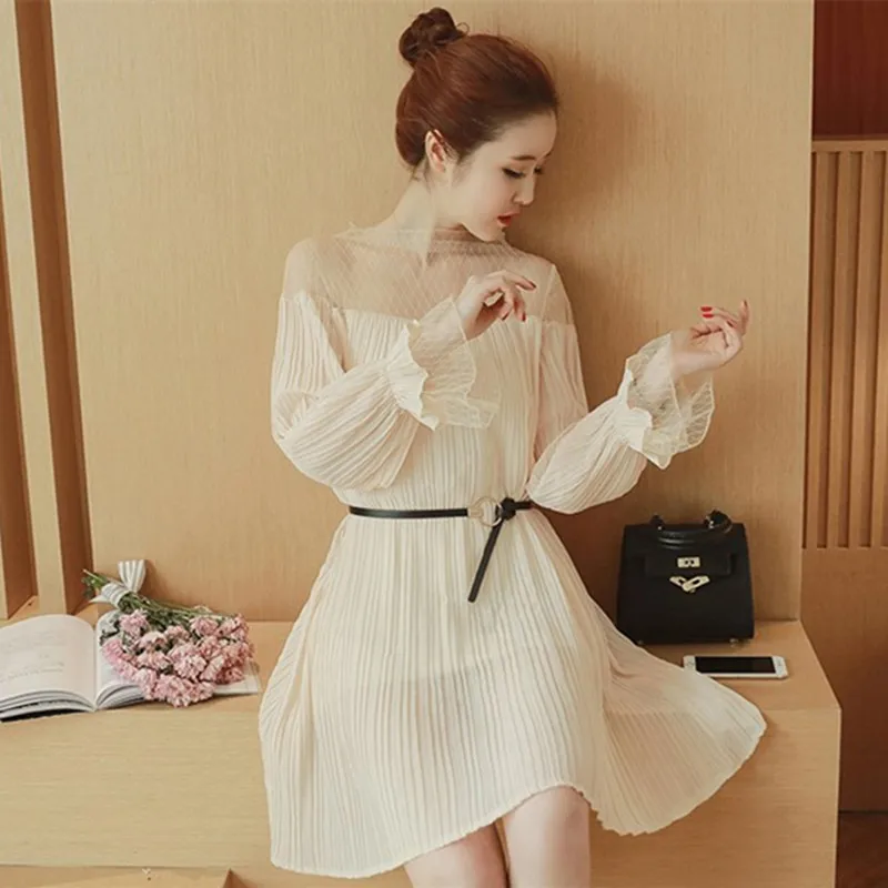 Elegant Summer Chiffon Maternity Dresses Pleated Lace Dress Women Fashion Princess Sleeves Pregnant Clothing with Belt