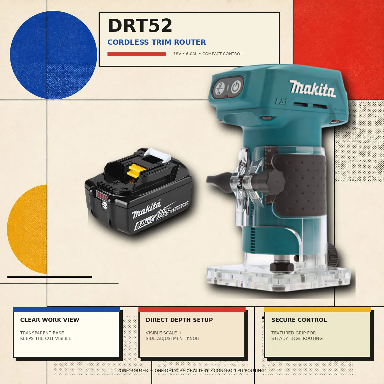 Makita DRT52 Bürstenloser Akku-Kompaktfräser, 18-V-LXT-Lithium-Ionen-System, ergonomisch geformter Handfräser für präzises Multitasking, Kantenbearbeitung und tiefschnittige Nutfräsarbeiten