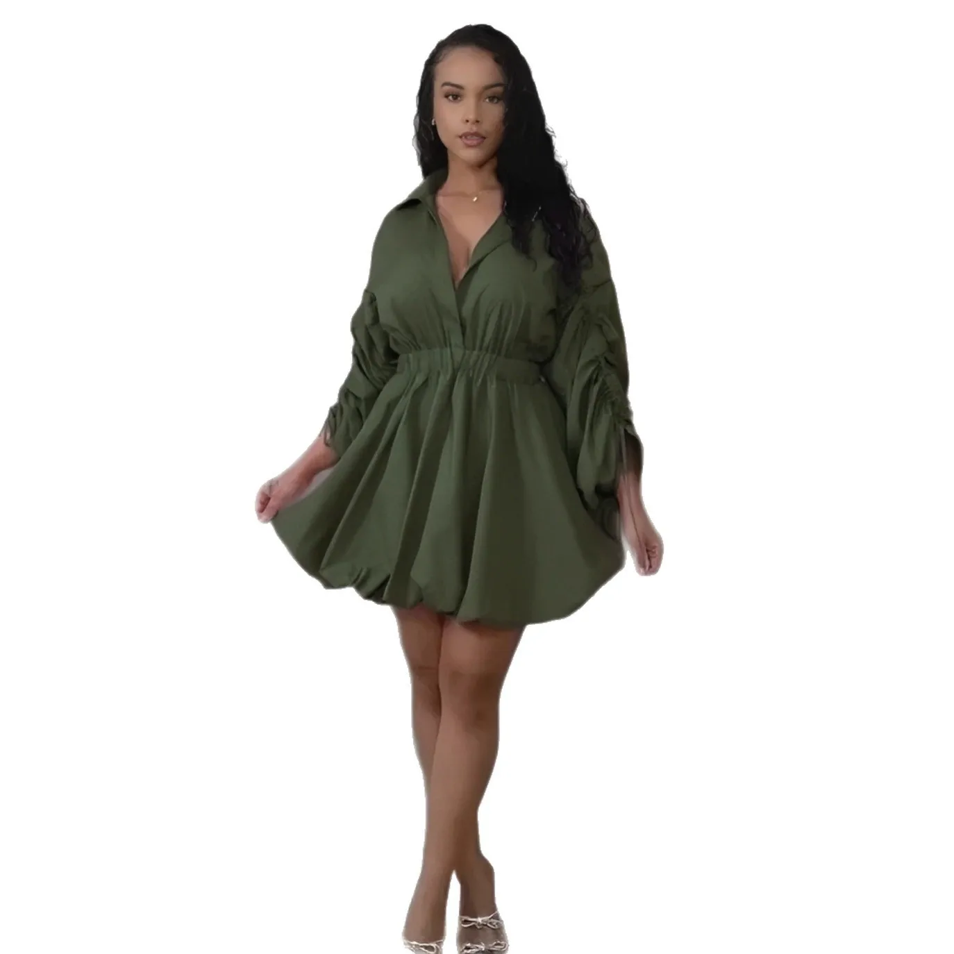 فستان كاجوال مثير للتنقل للنساء بأكمام برباط وخصر منتفخ وياقة قميص وأكمام طويلة لصيف 2025