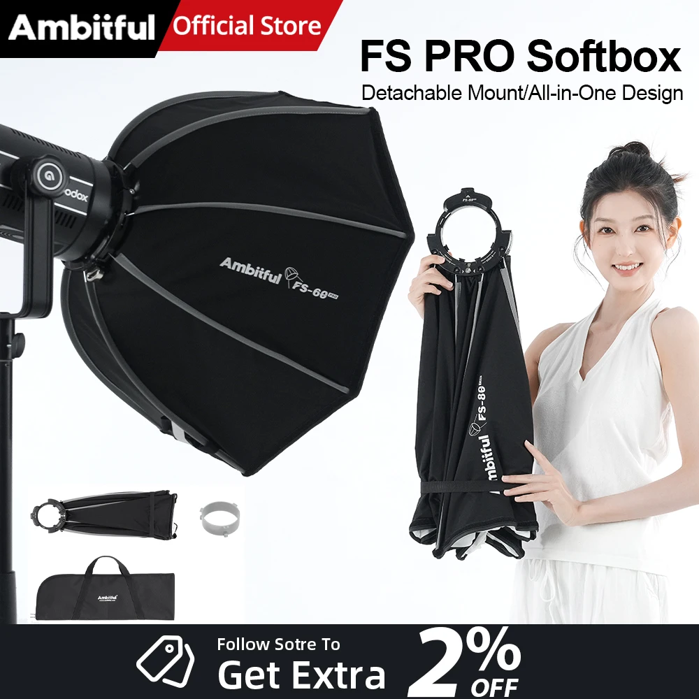 AMBITFUL FS40Pro FS60Pro Quick-Install Bowens Mount Softbox Studio LED COB Light Octagonal Light Box Matt Box