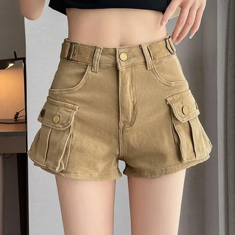 Pantaloncini cargo in denim kaki per donna Y2K 2025 Pantaloncini jeans vintage tascabili casual estivi Pantaloni corti in denim nero a vita alta femminile