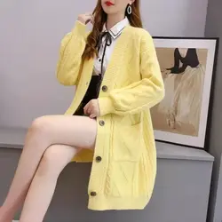 Autumn and Winter New Korean Fashion Women's Loose Size Cardigan Sweater Coat Button Pocket Top Yellow Coat Pink Sweater