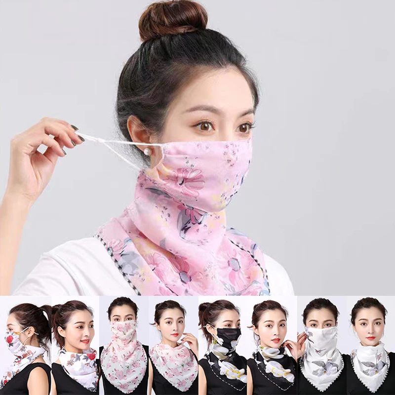 1Pc Women Sun Mask Chiffon Neck Gaiter Hang Ear Chiffon Breathable Balaclava Full Face Mask Ear Loops Dust Wind UV