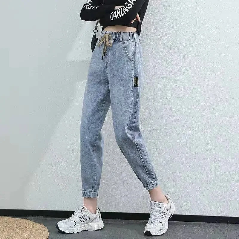 

Women Jeans Korean Harem Denim Pants Vintage High Waist Jeans Elastic Waist Female Cowboy Denim Pants Casual Ankle Length Jeans