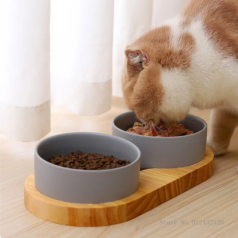 Creative Ceramic Pets Food Bowls with Wooden Stand, Cat and Dog Bowl, Protect the cervical spine, Anti-tipping, New Style, 1Pc