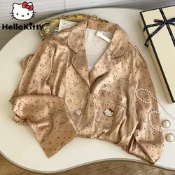 Sanrio Hello Kitty Cute Cartoon Dot Printed Pajamas Women's Summer Long Sleeved Sleepwear Korean Style Trend Casual Home Clothes