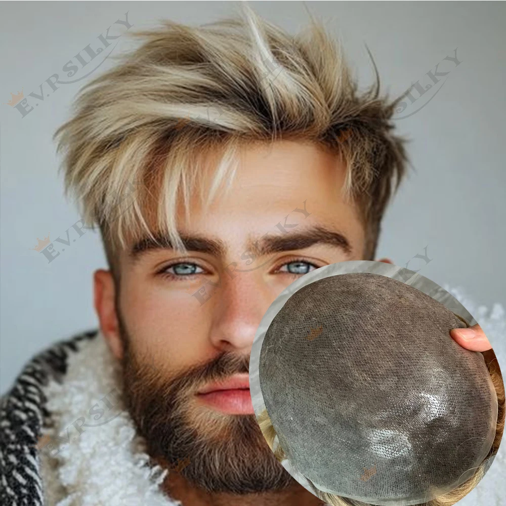 

4Т613 # Ombre Blonde Супер тонкая кожа 0,06 мм Необнаружимые 100% человеческие волосы Мужской парик Натуральная линия волос Система замены седых волос