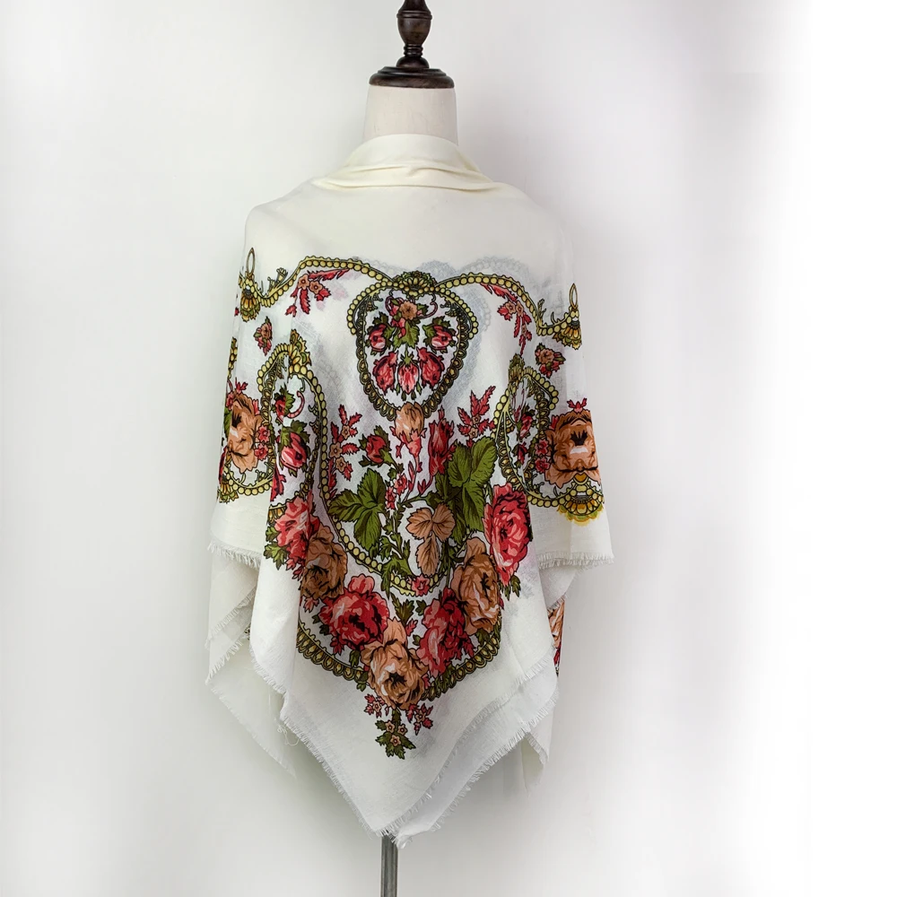 120*120cm Breathable Thin Luxury Floral Russian Square Scarf Women Bandana Foulard Femme Ethnic Travel Sunshade Beach Shawls