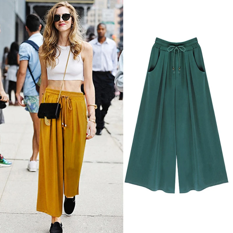 

Women Autumn Classic Wide Leg Pants Vintage Culottes Office Elegant Casual Trousers Female Drawstring Lace-Up Loose Pants