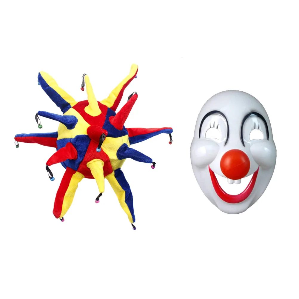

2 Pcs Clown Suit Costumes Mask Hat Cosplay Party Dress Men Women Multi Colored Prints Durable Fun Stage Performance Halloween