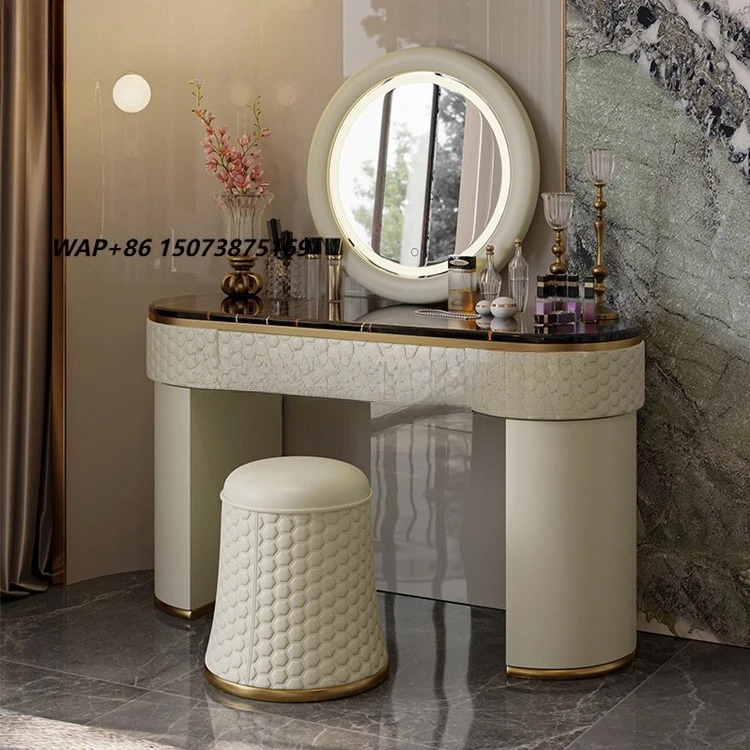 High-End Leather Dresser Set Luxury Gold Metal Dresser With Two Drawers Hotel Bedroom Girls Kids Dressing Table With Chair