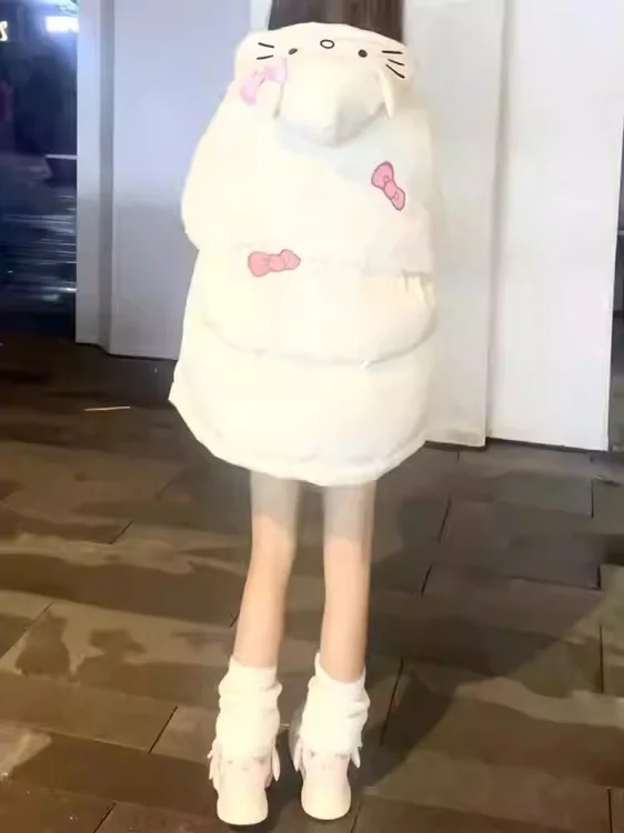 

Sweet Girl Thiened Cotton Jaet Women's Loose Warm Coat Bread Sle Winter Outerwear Hooded Cartoon Design Zipper Closure