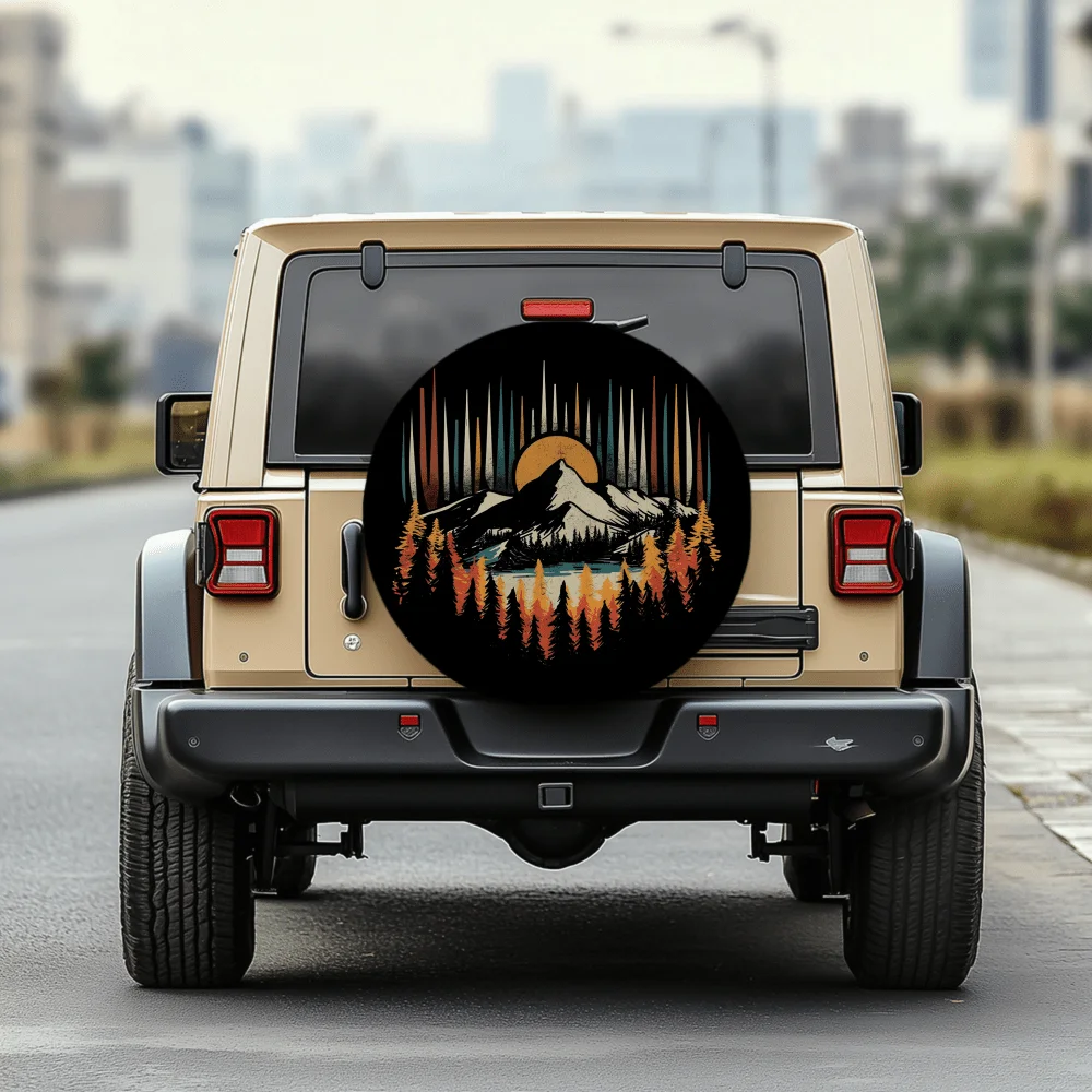Retro Aurora Mountain Sunset Forest Pattern 30/34-Inch Multi-Functional Tire Cover, Suitable For Jeep, Trailer, RV, Off-Road Veh
