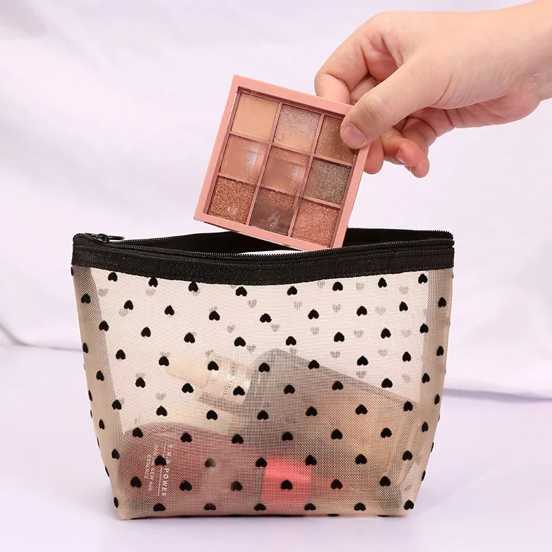 1PC Zipper Makeup Bag for Women Girl Travel Beige Heart Mesh Cosmetic Bag Wash Toiletry Bag Makeup Brush Organizer Storage Pouch