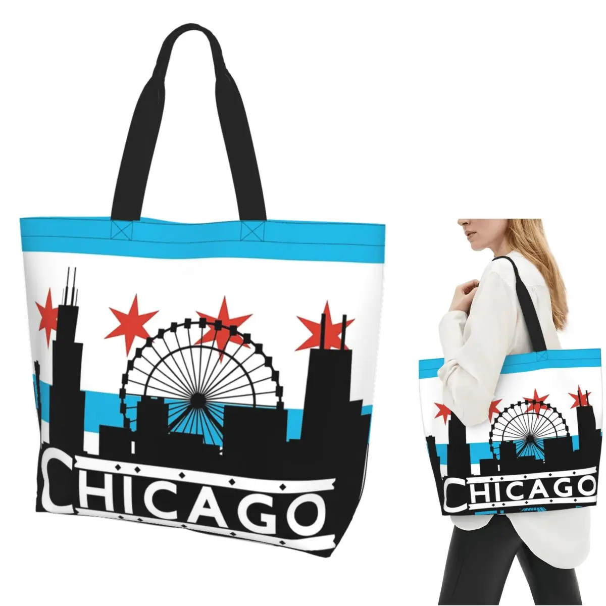 

Сумка-тоут Chicago для покупок, парусиновая сумка на плечо большой вместимости, продуктовая сумка для покупок для женщин