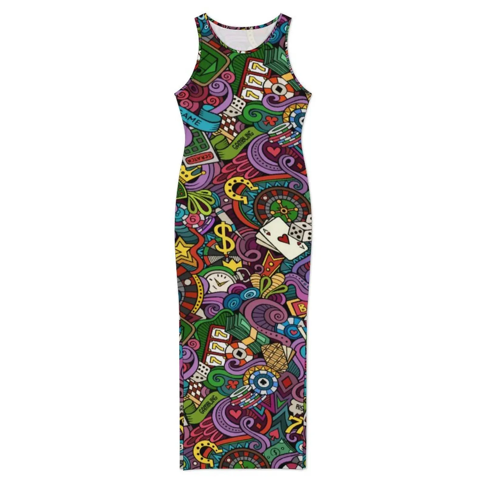 Casino Pop Art Dress Sleeveless Playing Cards Print Modern Maxi Dresses Spring Casual Y2k Graphic Bodycon Dress Large Size