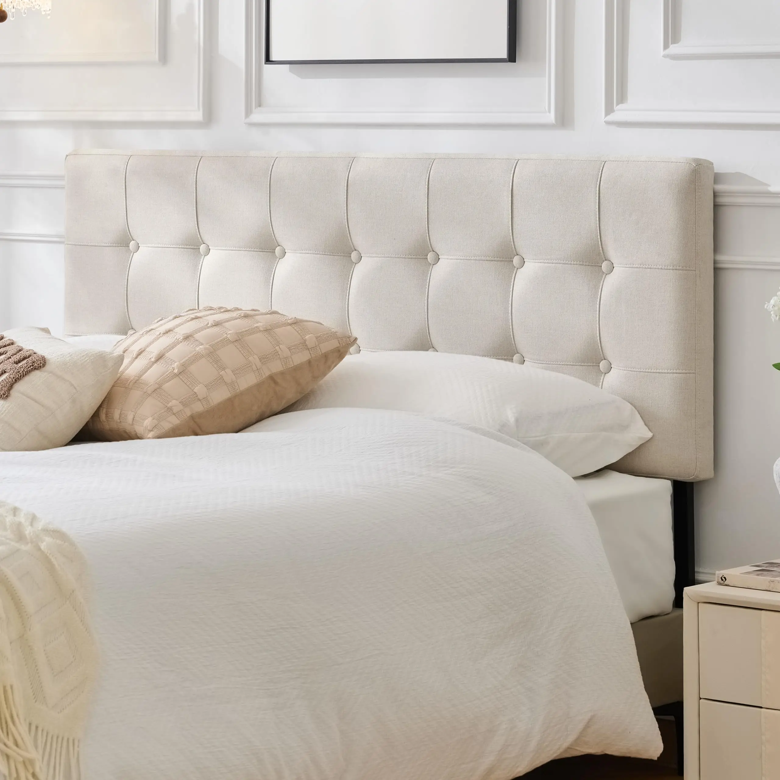 Linen Tufted Headboard Queen Size, Solid Wood Queen Headboard Only, Beige
