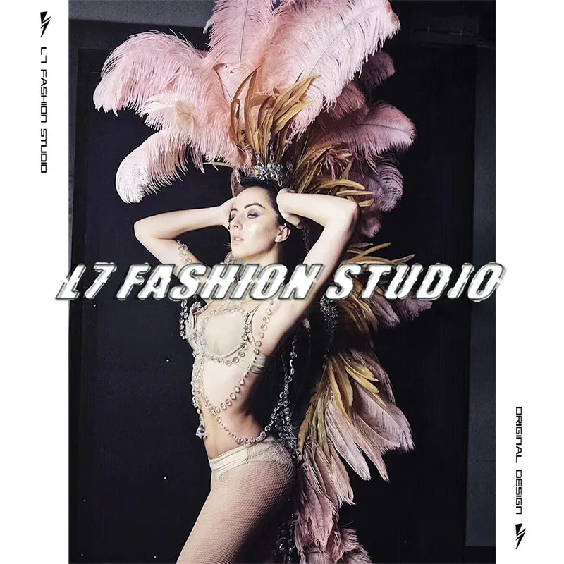 Exaggerated Pink Ostrich Feather Headpiece GOGO Bar Commercial Performance Dress Nightclub Party Fashion Show Jumpsuit