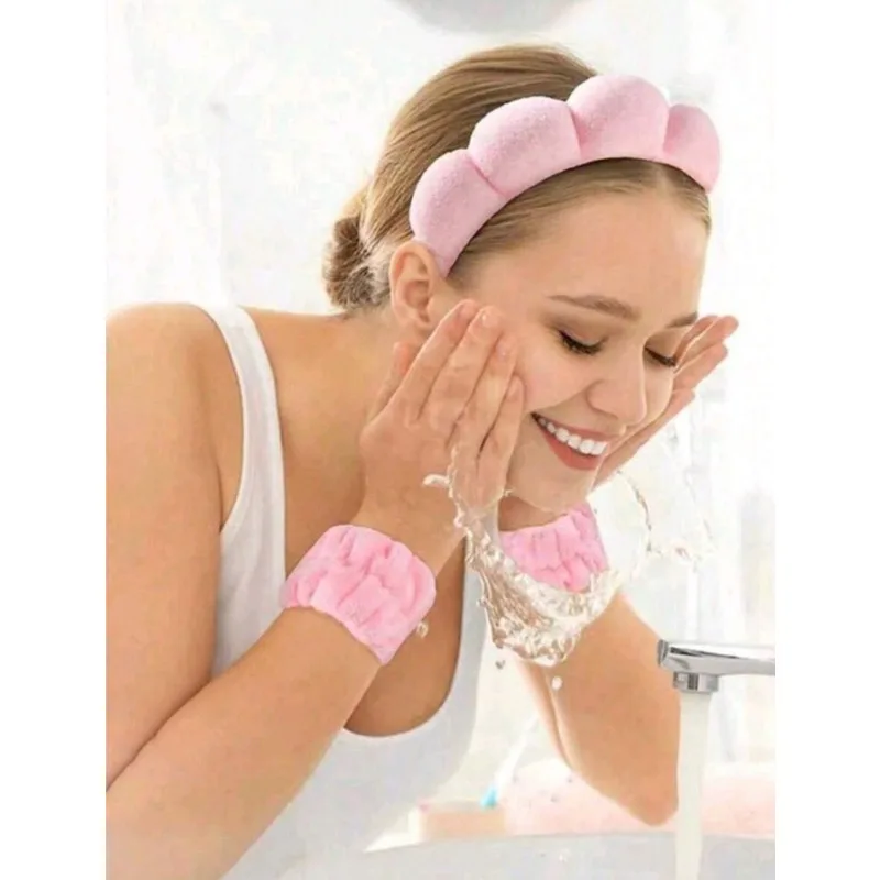 3pcs Spa Headbands For Women Girls Sponge Cute Pink Makeup Skin Care Headband Wristbands