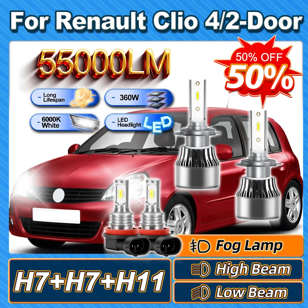 

Для Renault Clio 4/2-Door 2003 2004 2005 2006 360W H7 Светодиодная лампа дальнего и ближнего света 6000K H11 Противотуманная фара с длительным сроком службы Canbus