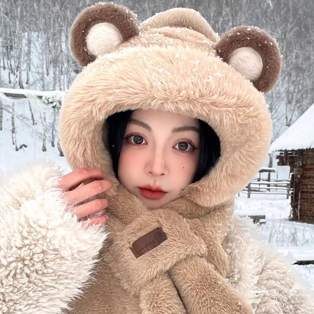 Cute Beanie Hat Scarf Set Women Faux Fur Warm Winter Hat Thickened Windproof Neck Circle Scarf Ski Snow Hat Cap Skullies Beanies