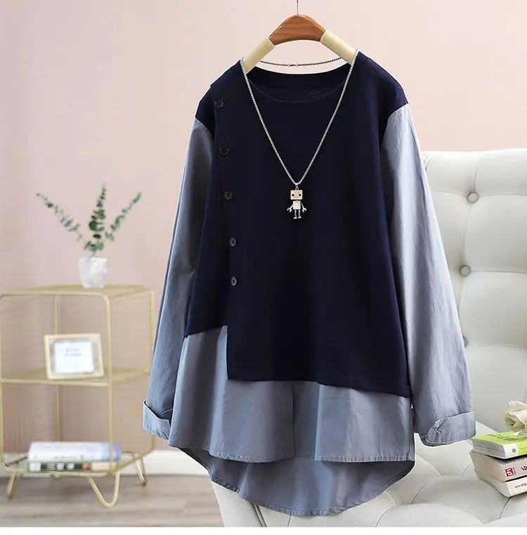 

Spring and Autumn Long Sleeve Loose Meat Covering Fake Two Piece Splicing Casual Western Style Shirt Top for Women