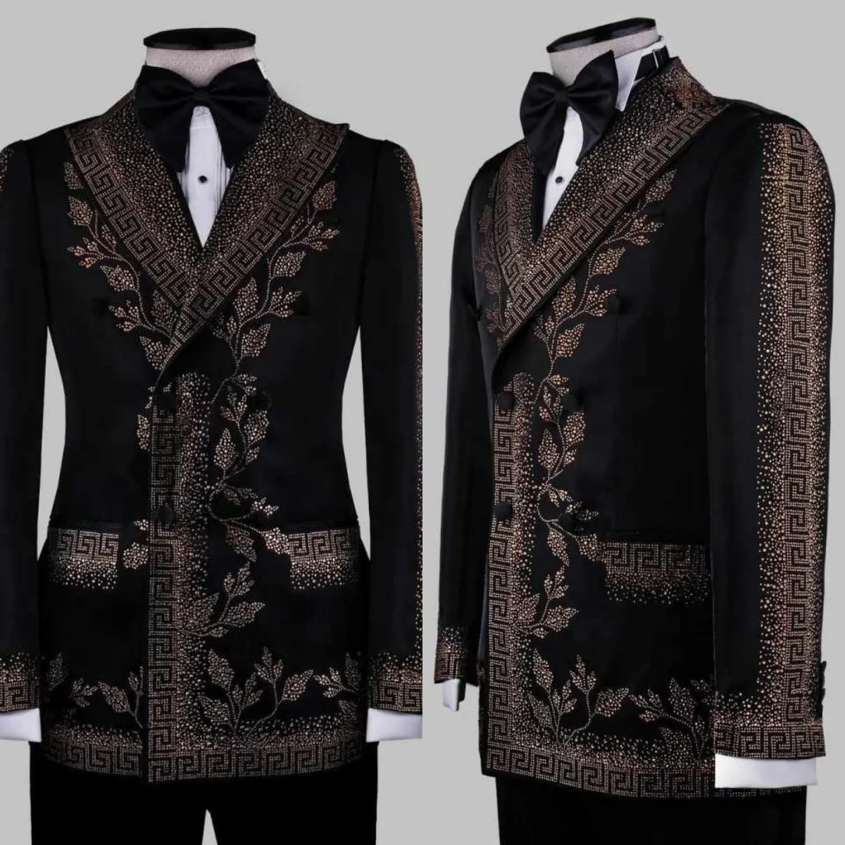 

Luxurious Beaded Suits For Men Peaked Lapel Double Breasted Pant Sets Loose Fit Prom Male Party 2 Pieces Customized