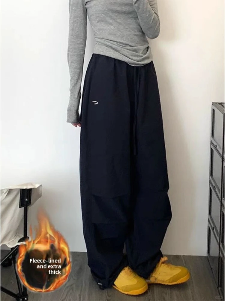 بنطال نسائي من القطيفة، مجموعة الخريف والشتاء، النمط الكوري، بنطال رياضي كاجوال فضفاض للطلاب