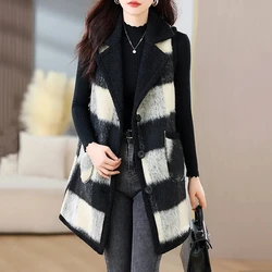 High End Fashion Plaid Plush Long Vest Women's Autumn Winter Large Size Woolen Coat Sleeveless Jacket Loose Warm Waistcoat  5XL