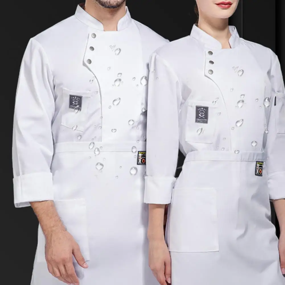 Uomo donna Chef Top tinta unita colletto alla coreana monopetto Chef ristorante uniforme impermeabile Anti-sporco panetteria cibo Chef Top