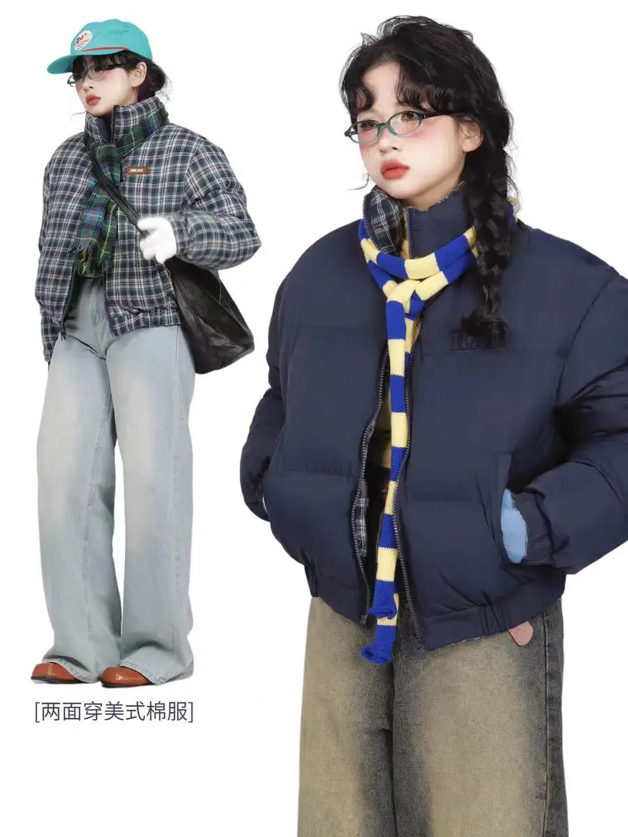 Veste rembourrée réversible Vintage américaine, nouveau Design, manteau court épais et chaud à carreaux, Style Ins, hiver 2024