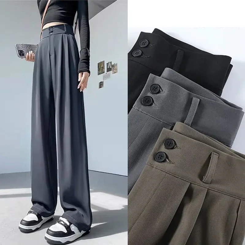 Women Fashion Suit Pants Lady Baggy Wide Straight Leg Classic Double Button Trousers Lady Korean Pants High Waist Goth Slacks