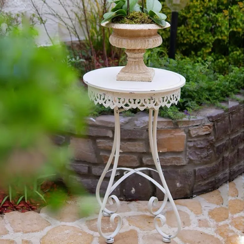 French retro wrought iron flower stool, flower stand outdoor small round table old garden balcony courtyard small flower rack