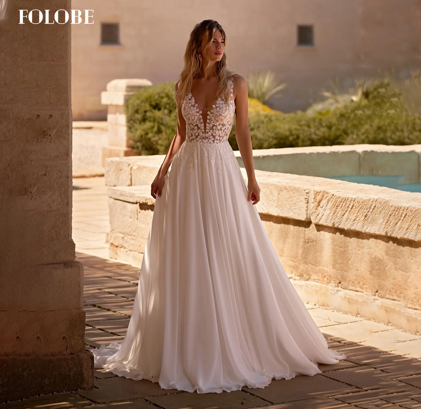 FOLOBE col en v Applique a-ligne avec sans manches dos nu élégant robe de bal de mariée fête de mariage mariée vestidos de noche personnalisé