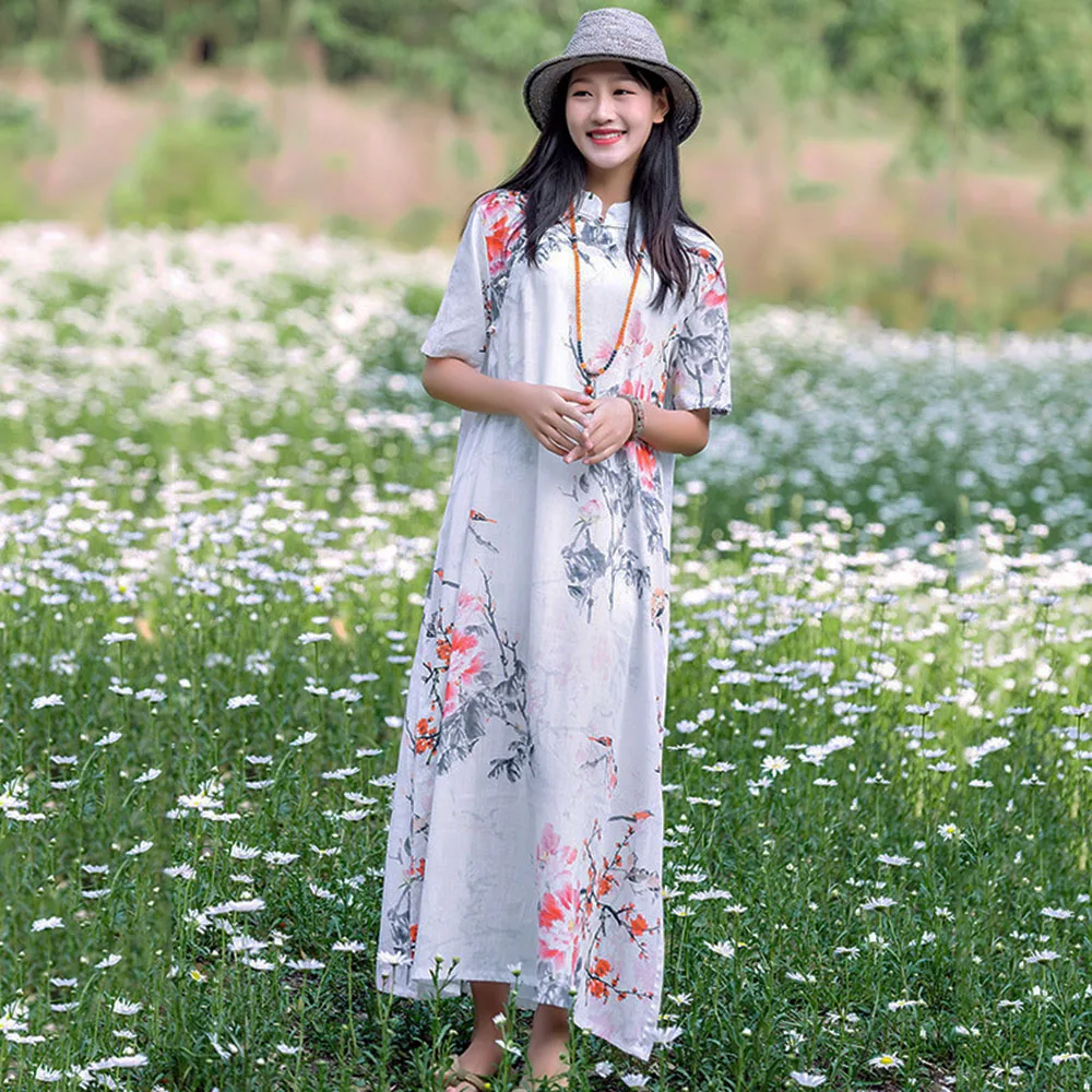 

Women's Summer High Quality Print Bohemian Dress Short Sleeve Chinese Lightweight Loose Casual Long Floor-Length Beach Dresses