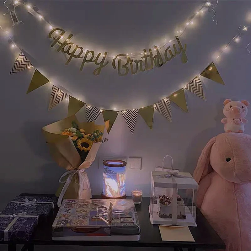 Multi Themes DIY Colored Lights Happy Birthday Banner Decorations Photo Booth Happy Birthday Bunting String Lights Flags Set