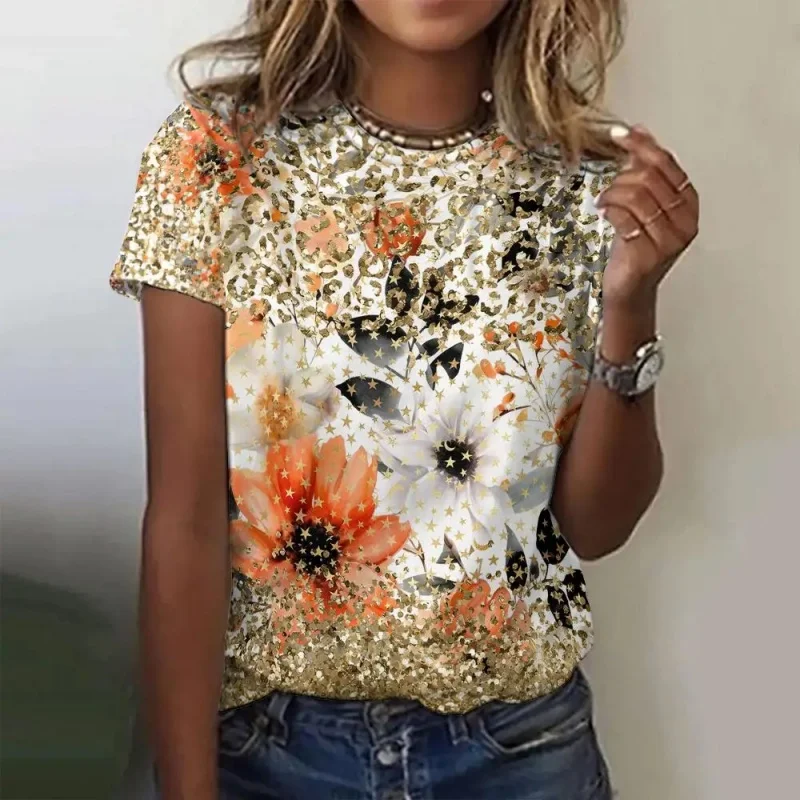 T-shirt per insetti con foglie di fiori stampati in 3D per le donne T-shirt con grafica colorata a maniche corte Summer Street O-Collo T-shirt larghe