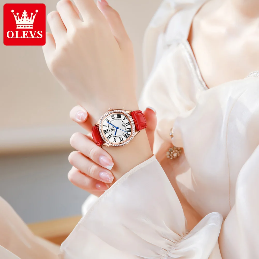 OLEVS 5511 relojes de cuarzo para mujer, elegante correa de cuero a la moda, relojes impermeables, reloj de pulsera Retro con diamantes cuadrados para mujer