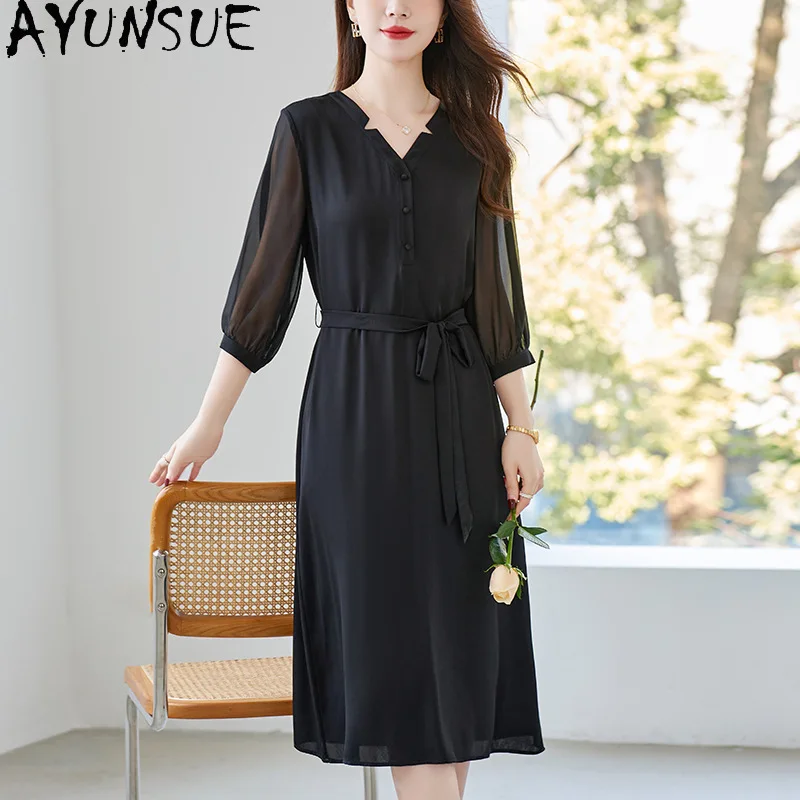 AYUNSUE 91.8% Mulberry Silk Maxi Dresses for Women Waist-cinched Summer Dress Women High-end Women Clothing 2026 Robe Femme Été
