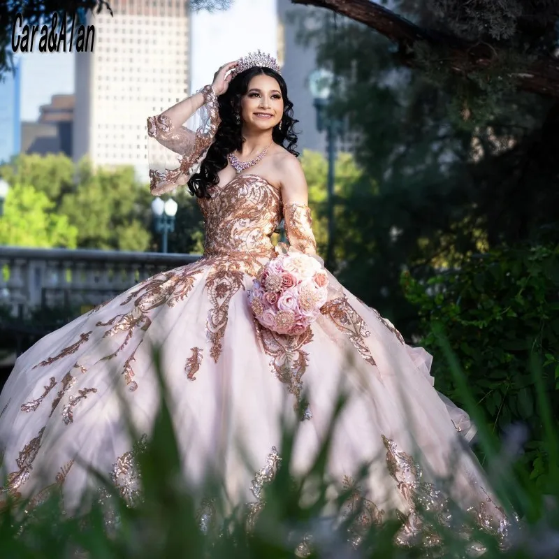 فساتين كارا وآلان الأنيقة من Quinceanera بأكمام قابلة للانفصال مزينة بالترتر Vestido adeltante 15 Anos على شكل قلب للفتيات فساتين الحفلات